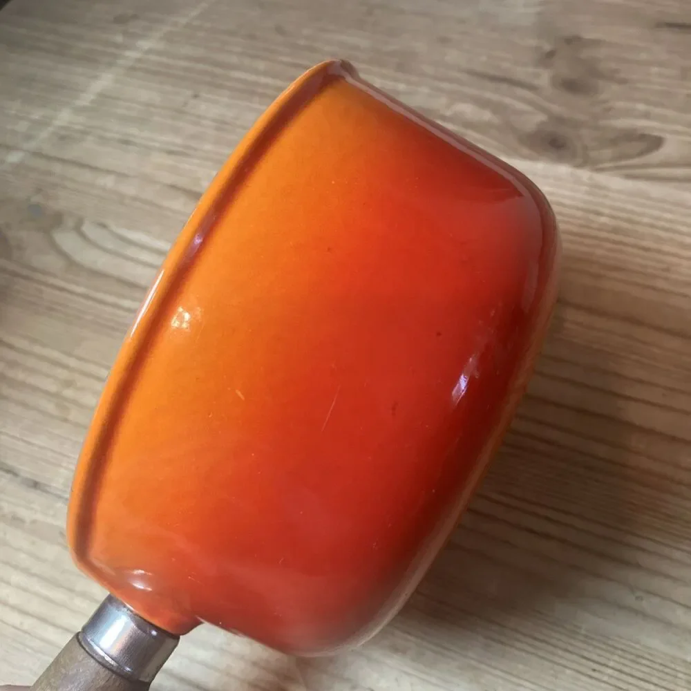 Vintage Le Creuset #14 Flame Orange Enameled Cast Iron Wood Handle Saucepan